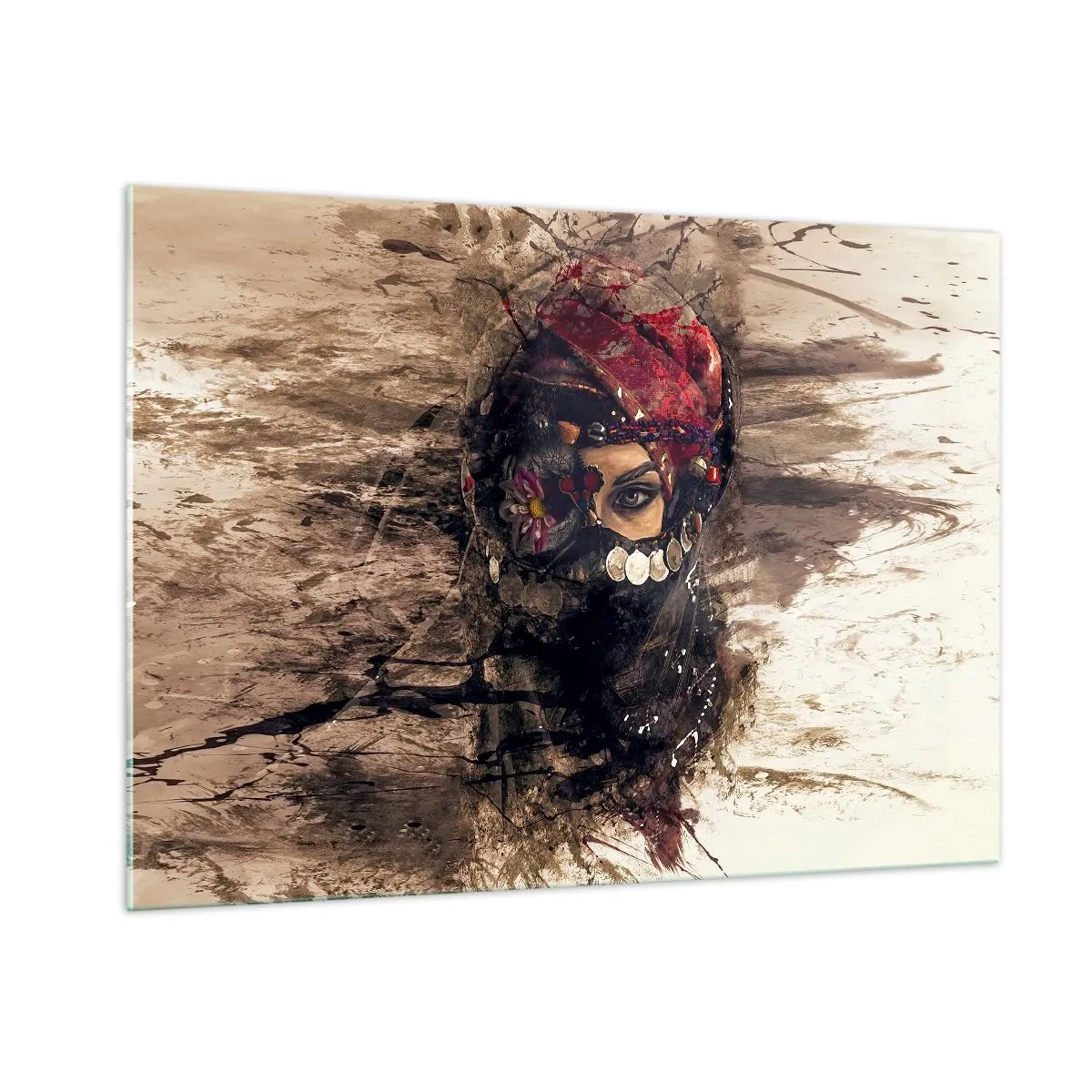 Cuadro sobre vidrio - Impresiones sobre Vidrio - Retrato de una mujer misteriosa con un turbante rojo. - 100x70cm - Inquietante, como mínimo - Decoración de pared moderna para salón y dormitorio ARTTOR