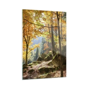 Cuadro sobre vidrio - Impresiones sobre Vidrio - Bosque otoñal con rayos de sol y piedras. - 50x70cm - Tiempo de descanso - Decoración de pared moderna para salón y dormitorio ARTTOR