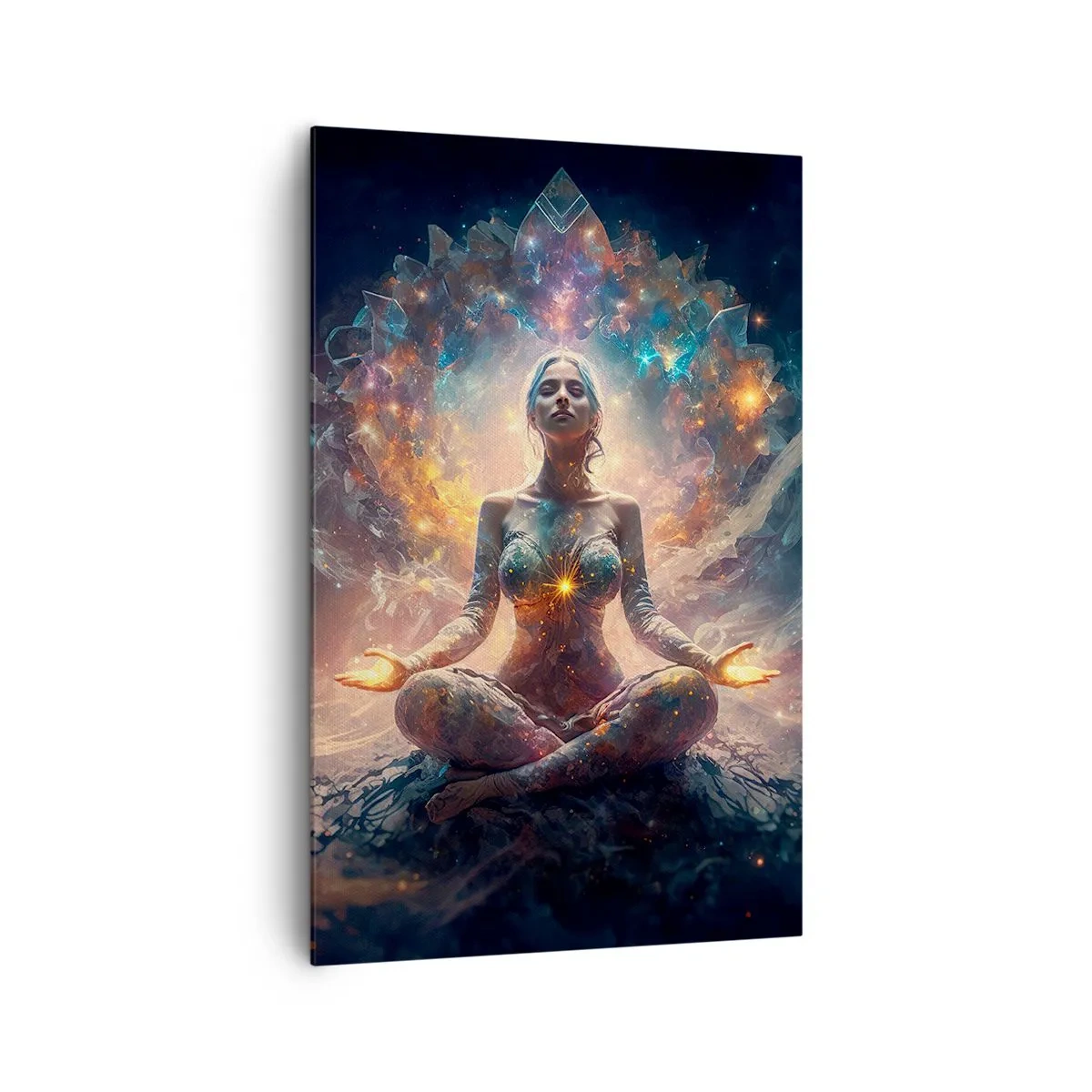 Cuadro sobre lienzo - Impresión de Imagen - Una figura meditando rodeada de patrones y colores energéticos. - 80x120cm - Flujo de buena energía - Decoración de pared moderna para salón y dormitorio ARTTOR