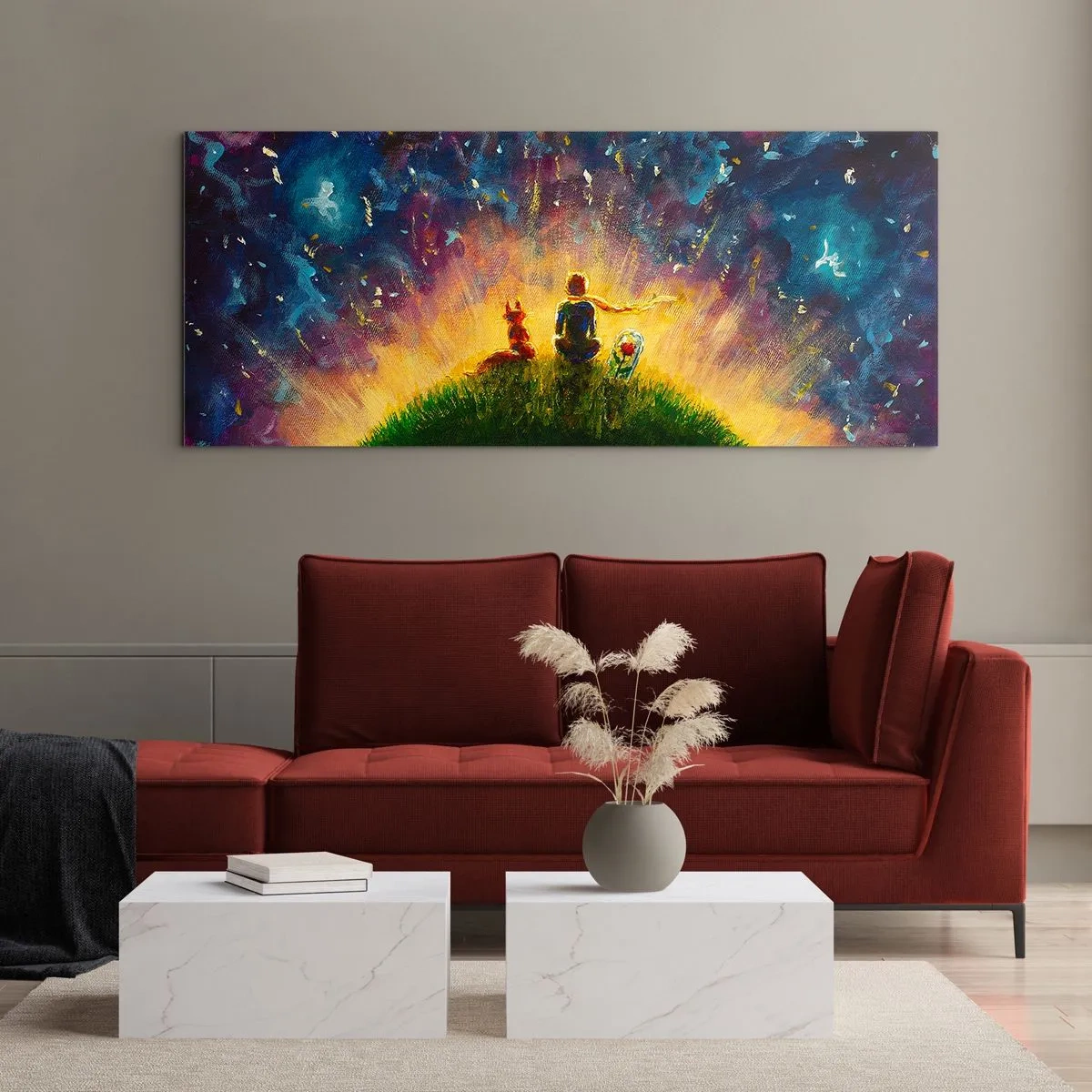 Cuadro sobre vidrio - Impresiones sobre Vidrio - Figuras en una colina verde rodeada de un cielo estrellado. - 140x50cm - Amor y amistad - lo único entero - Decoración de pared moderna para salón y dormitorio ARTTOR