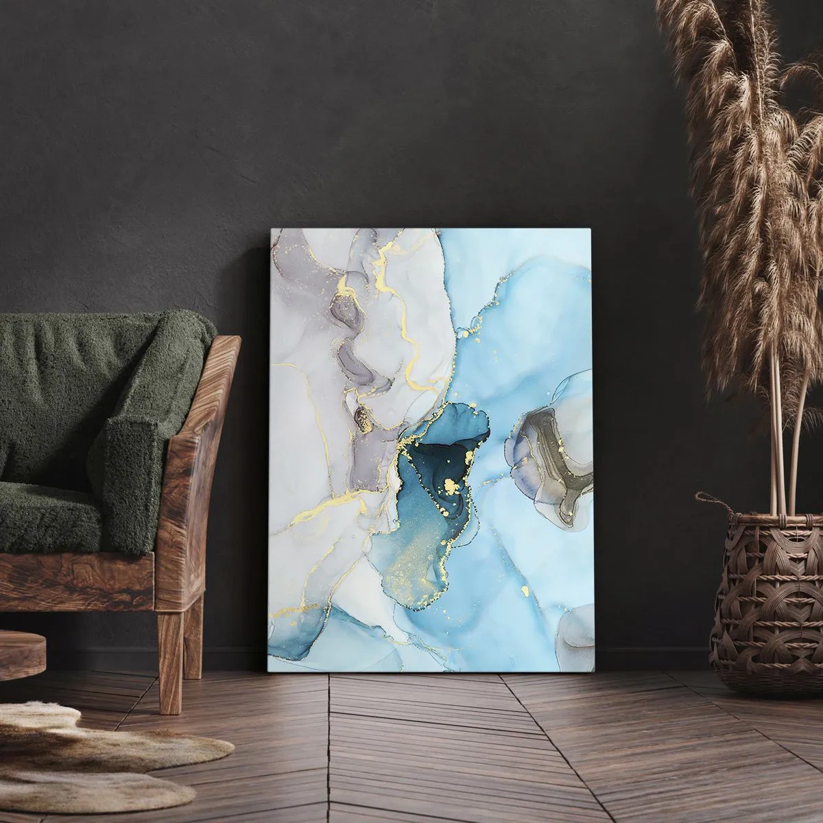 Cuadro sobre lienzo - Impresión de Imagen - Abstracción en tonos azules y dorados con líneas sutiles. - 50x70cm - Un estudio del encuentro entre el gris y el turquesa - Decoración de pared moderna para salón y dormitorio ARTTOR