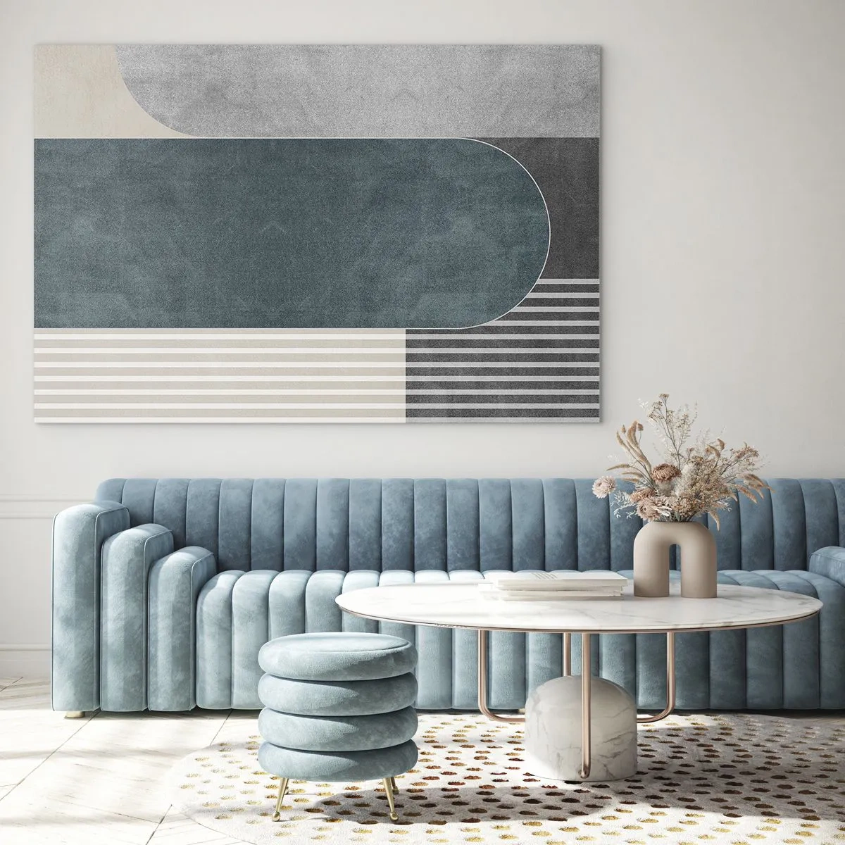 Cuadro sobre vidrio - Impresiones sobre Vidrio - Forma geométrica en tonos grises, beige y verdes. - 100x70cm - Composición horizontal - Decoración de pared moderna para salón y dormitorio ARTTOR