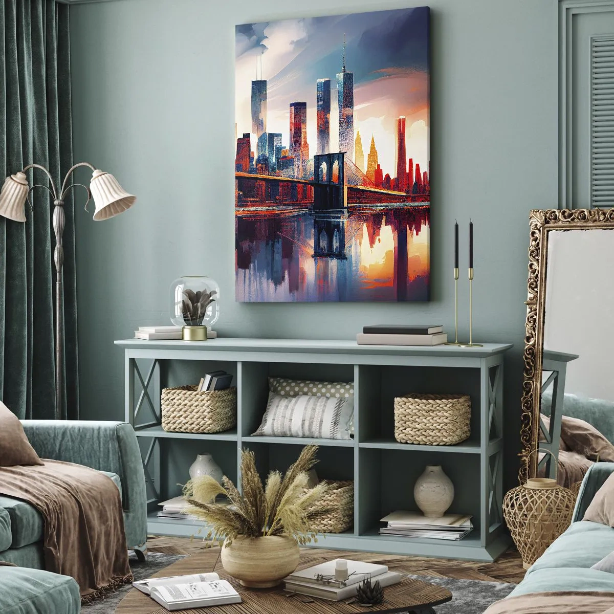 Cuadro sobre lienzo - Impresión de Imagen - Panorama de la ciudad de Nueva York con puente y reflejo en el agua - 80x120cm - Nueva York siempre luce - Decoración de pared moderna para salón y dormitorio ARTTOR