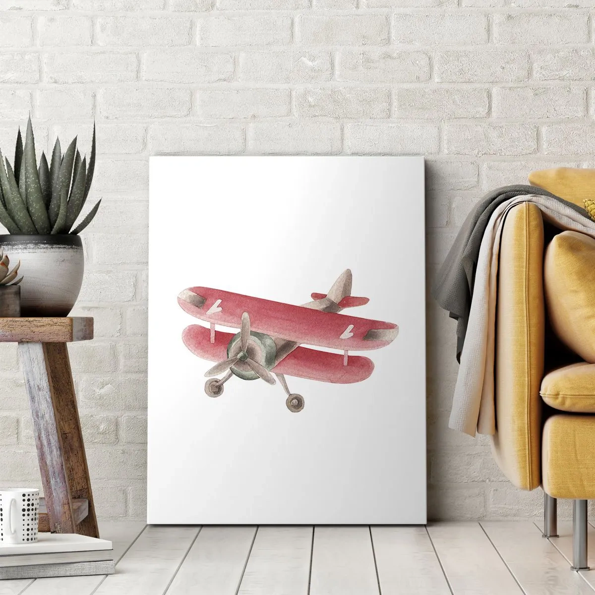 Cuadro sobre lienzo - Impresión de Imagen - Avión retro rojo sobre fondo blanco - 50x70cm - Listo para surcar los cielos - Decoración de pared moderna para salón y dormitorio ARTTOR