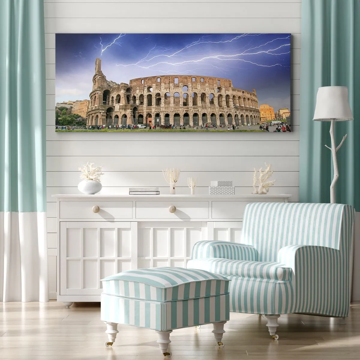 Cuadro sobre lienzo - Impresión de Imagen - El Coliseo de Roma iluminado por un rayo - 120x50cm - Arena de guerreros - Decoración de pared moderna para salón y dormitorio ARTTOR