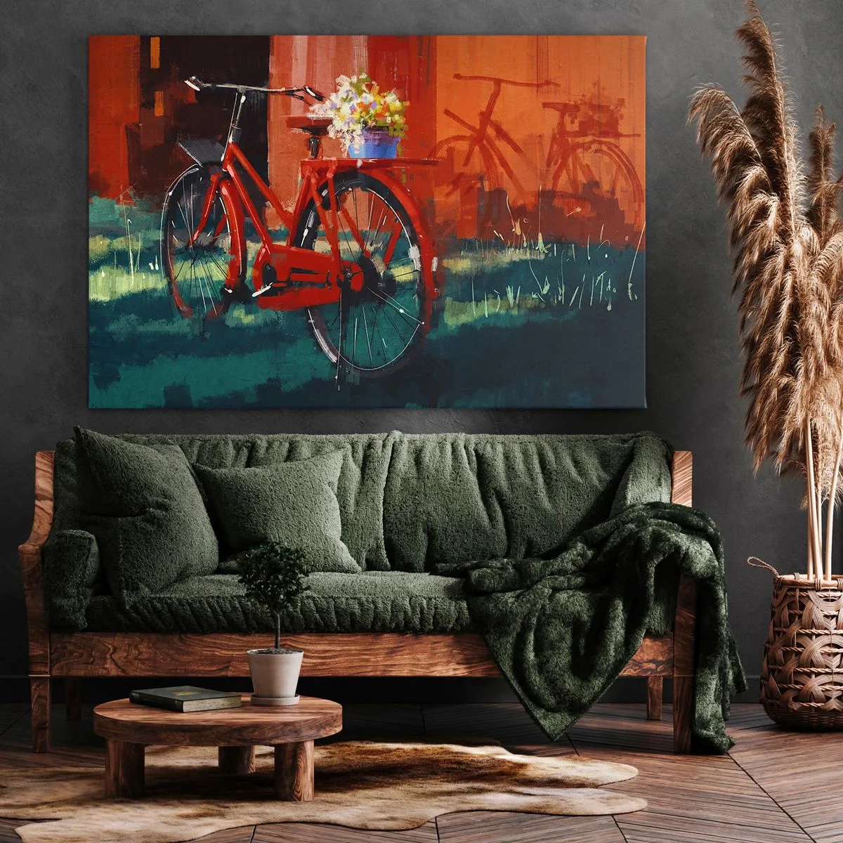Cuadro sobre lienzo - Impresión de Imagen - Una bicicleta roja con flores contra una pared naranja. - 70x50cm - Quiero ir en bicicleta - Decoración de pared moderna para salón y dormitorio ARTTOR