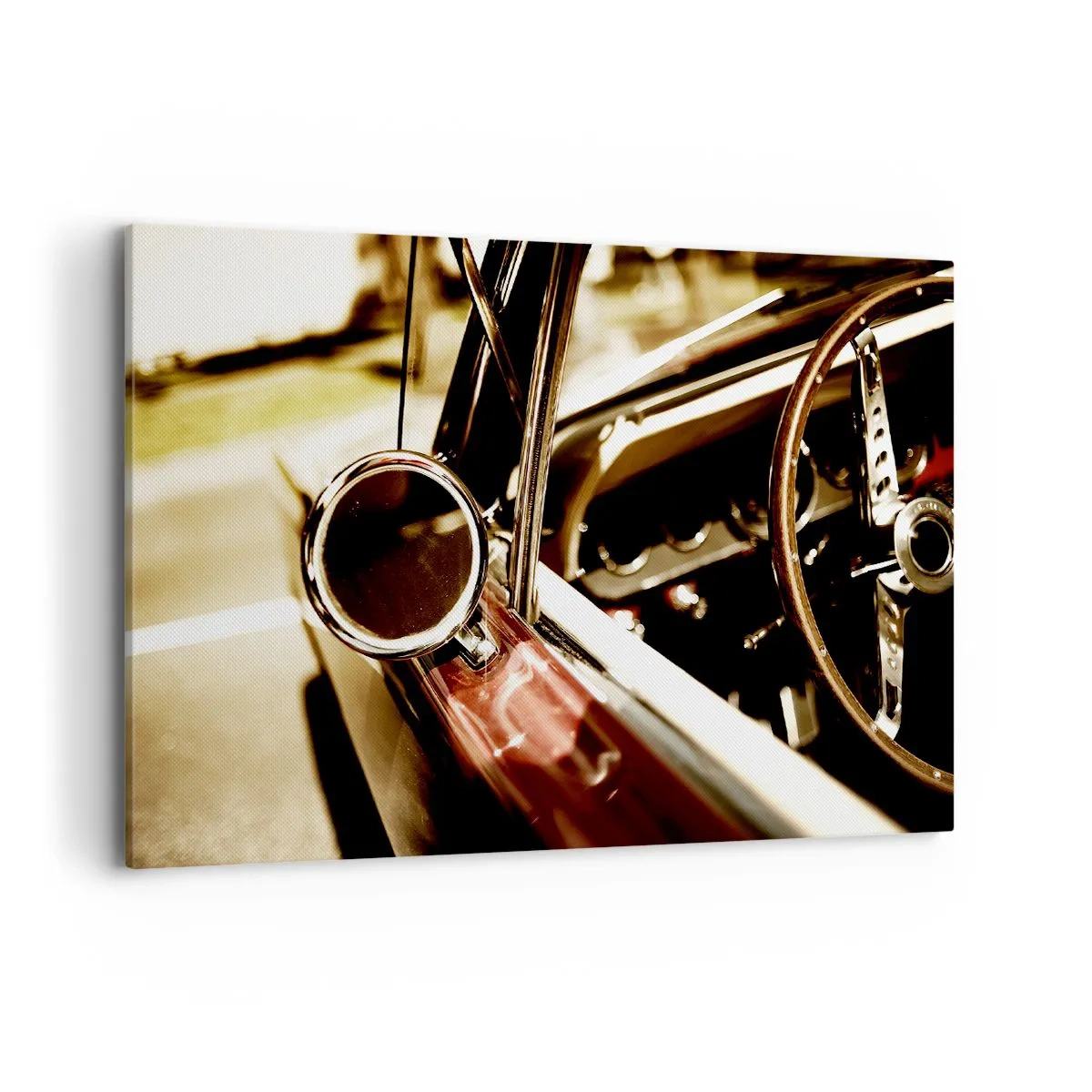 Cuadro sobre lienzo - Impresión de Imagen - Primer plano del espejo y el interior de un coche retro clásico. - 100x70cm - Un coche con alma - Decoración de pared moderna para salón y dormitorio ARTTOR