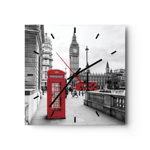 Reloj de pared - Reloj de vidrio - Una cabina telefónica roja con el Big Ben al fondo en Londres - 30x30cm - Sin duda, Londres - Decoración de pared moderna para salón y dormitorio ARTTOR