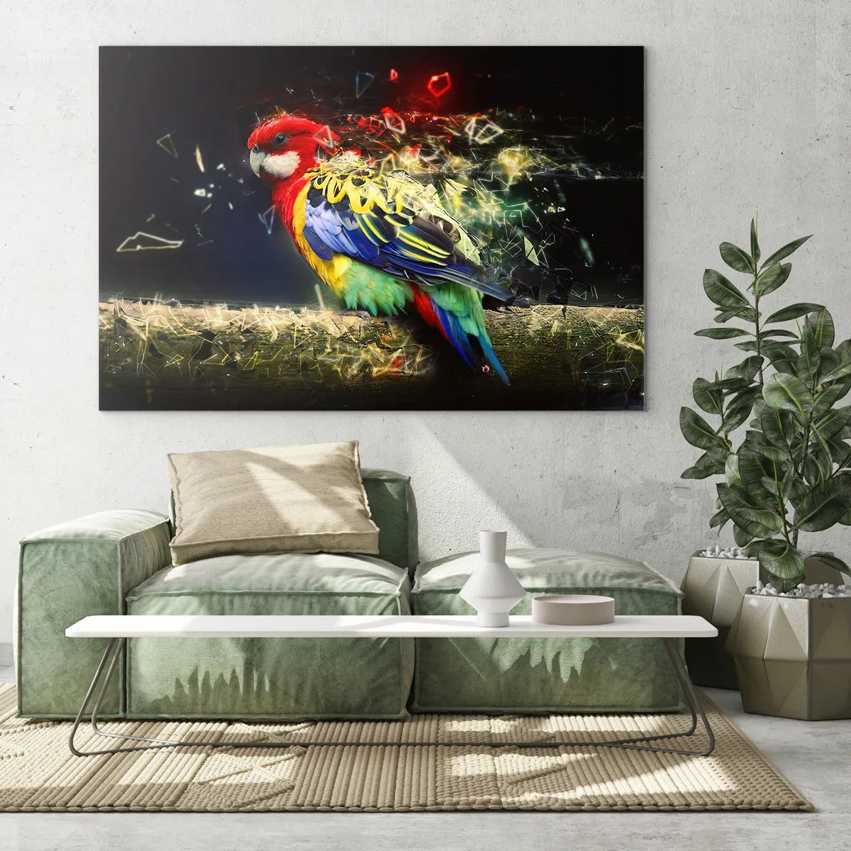 Cuadro sobre vidrio - Impresiones sobre Vidrio - Un loro colorido en una composición artística con efecto destrozado. - 70x50cm - Un mensajero del glamour - Decoración de pared moderna para salón y dormitorio ARTTOR