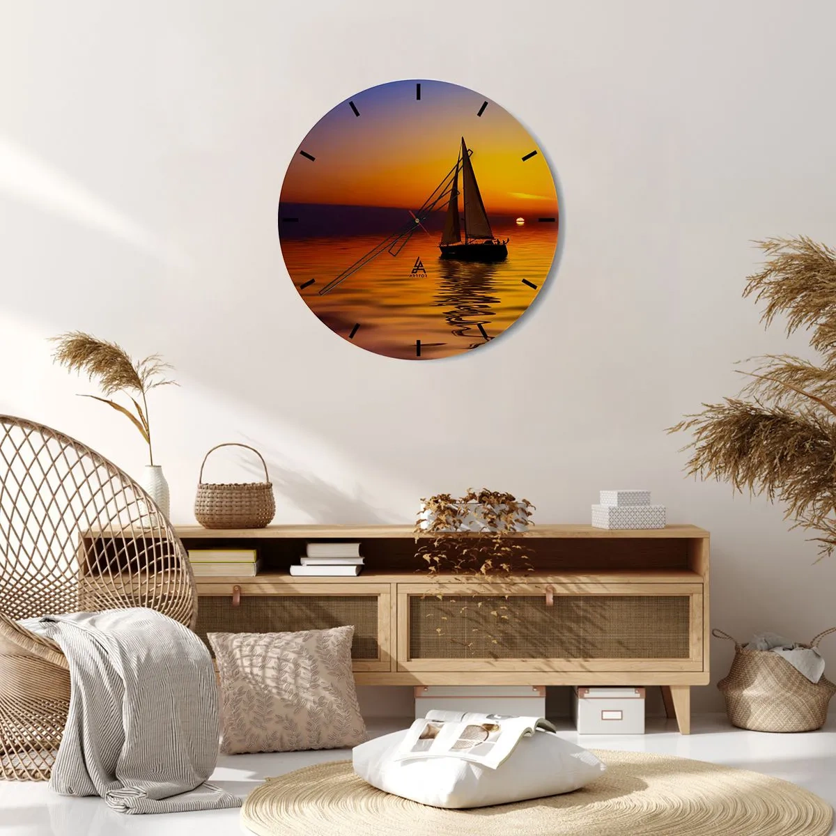 Reloj de pared - Reloj de vidrio - Un velero en el mar al atardecer - 30x30cm - Qué tranquilo el anochecer… - Decoración de pared moderna para salón, cocina y dormitorio ARTTOR
