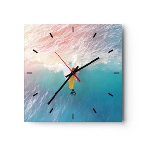 Reloj de pared - Reloj de vidrio - Surfista en una ola en colores pastel - 30x30cm - Jinete del océano - Decoración de pared moderna para salón y dormitorio ARTTOR