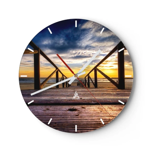 Reloj de pared - Reloj de vidrio - Atardecer visto desde un muelle de madera en la playa - 30x30cm - Directamente hacia una playa tranquila al atardecer - Decoración de pared moderna para salón, cocina y dormitorio ARTTOR