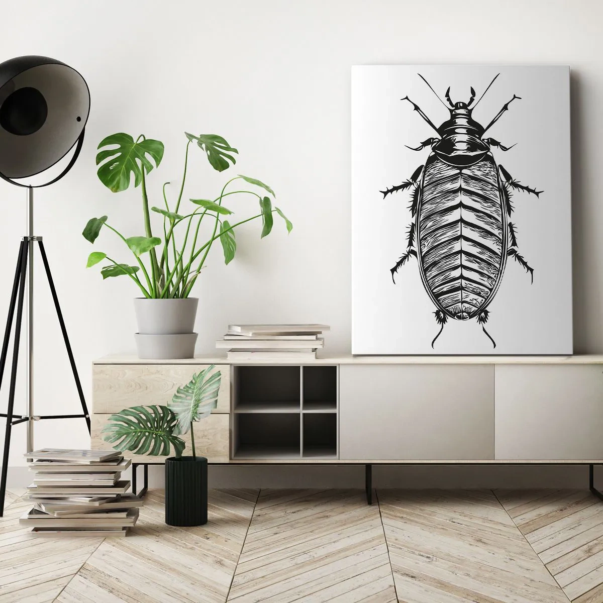 Cuadro sobre lienzo - Impresión de Imagen - Gráfico de un insecto en blanco y negro sobre un fondo blanco. - 70x100cm - ¡Qué espécimen! - Decoración de pared moderna para salón y dormitorio ARTTOR