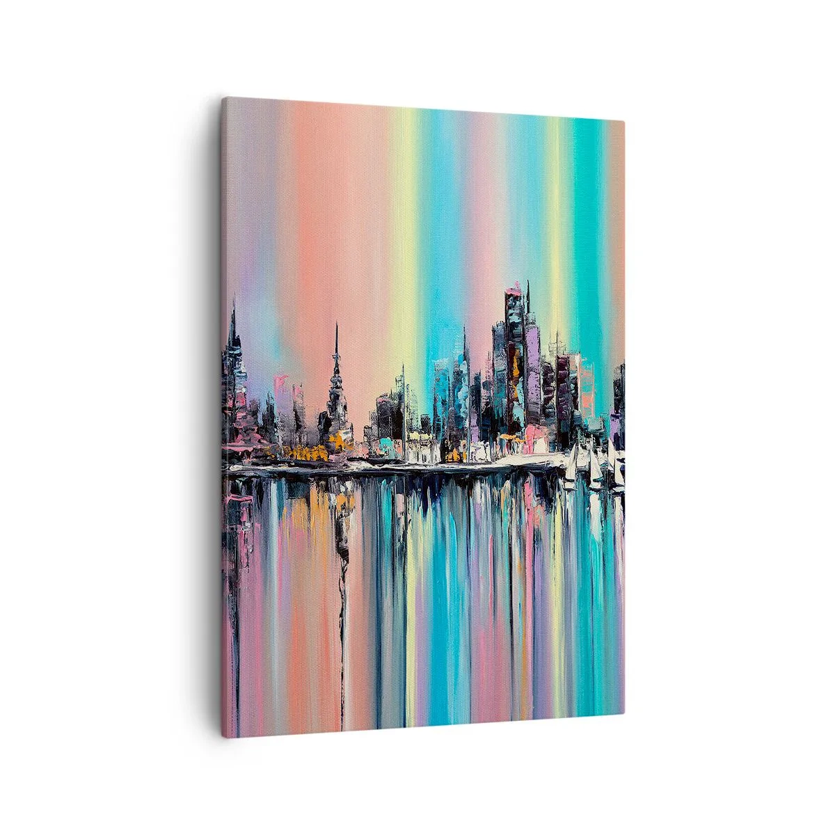 Cuadro sobre lienzo - Impresión de Imagen - Paisaje urbano colorido con reflejo en el agua - 50x70cm - Flota con la luz de la noche - Decoración de pared moderna para salón y dormitorio ARTTOR