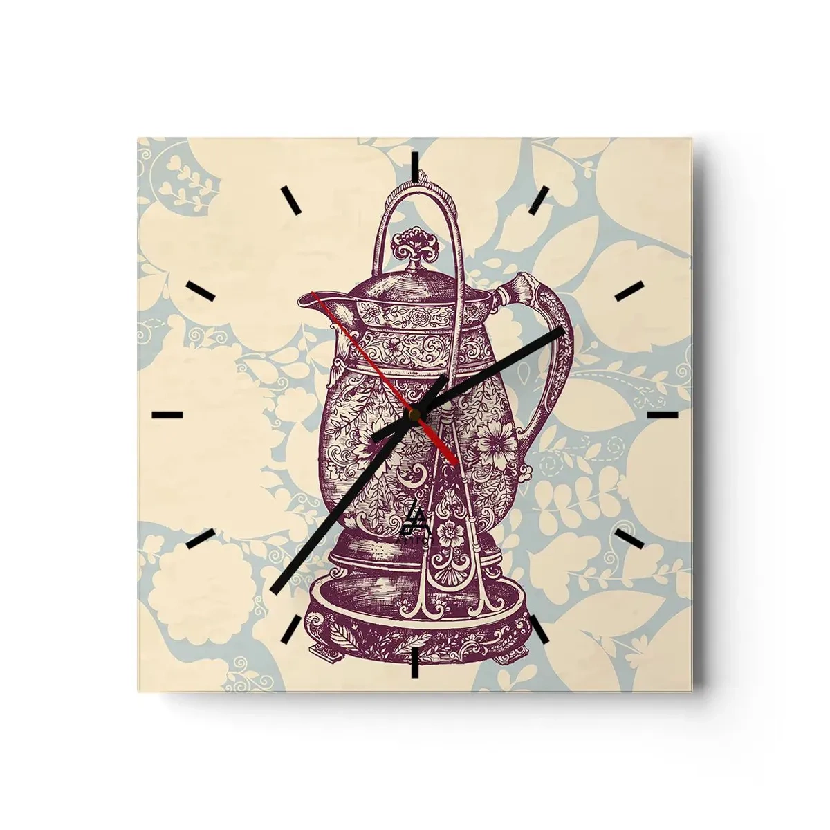 Reloj de pared - Reloj de vidrio - Jarra estilizada con adornos sobre fondo floral. - 30x30cm - La belleza de lo cotidiano - Decoración de pared moderna para salón y dormitorio ARTTOR