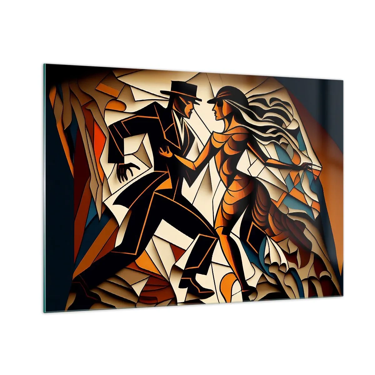 Cuadro sobre vidrio - Impresiones sobre Vidrio - Una pareja estilizada bailando en una forma abstracta dinámica. - 100x70cm - Danza de pasión - Decoración de pared moderna para salón y dormitorio ARTTOR