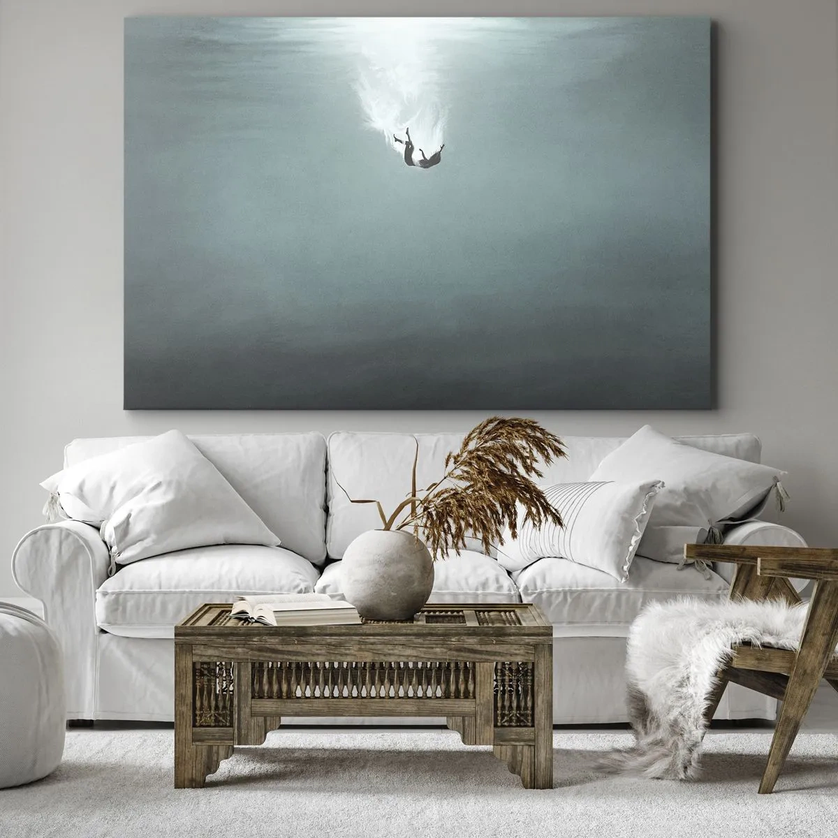 Cuadro sobre lienzo - Impresión de Imagen - Una figura sumergida en aguas turquesas profundas. - 70x50cm - En el abrazo del océano - Decoración de pared moderna para salón y dormitorio ARTTOR