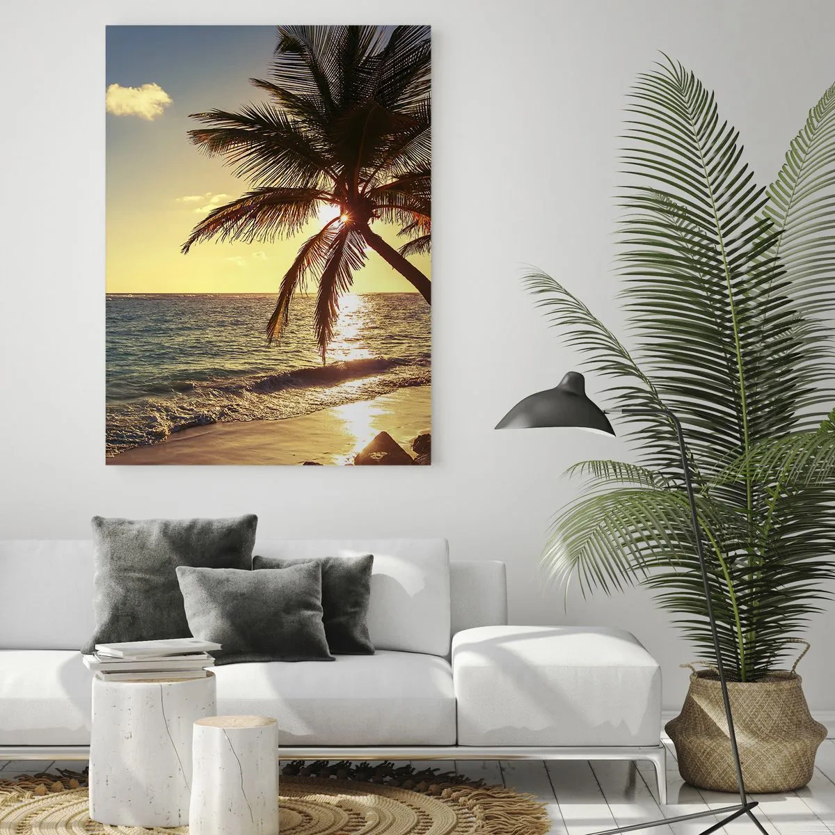 Cuadro sobre vidrio - Impresiones sobre Vidrio - Playa tropical con palmeras a la luz del sol poniente. - 50x70cm - Verano bajo las palmeras - Decoración de pared moderna para salón y dormitorio ARTTOR