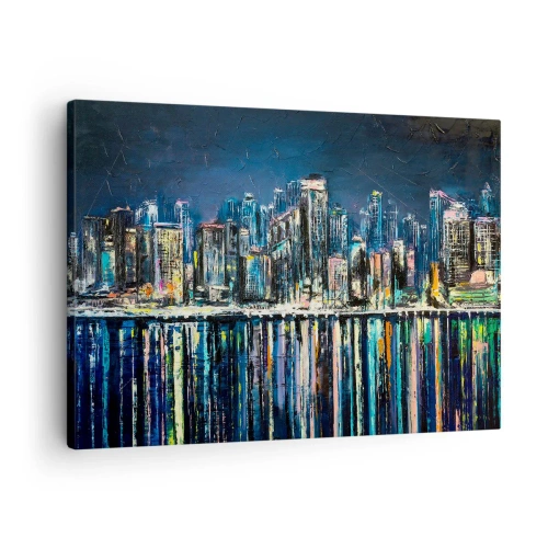 Cuadro sobre lienzo - Impresión de Imagen - Panorama de la ciudad nocturna reflejada en el agua. - 70x50cm - Una cascada de luces - Decoración de pared moderna para salón y dormitorio ARTTOR