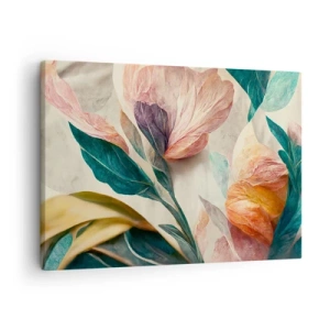 Cuadro sobre lienzo - Impresión de Imagen - Flores coloridas de estilo tropical sobre un fondo claro. - 70x50cm - Flores de las islas del sur - Decoración de pared moderna para salón y dormitorio ARTTOR