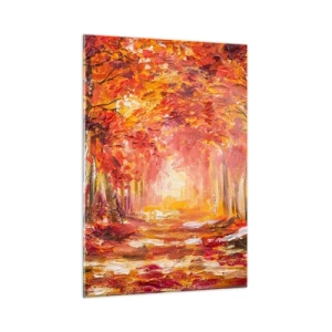 Cuadro sobre vidrio - Impresiones sobre Vidrio - Paisaje otoñal con árboles en colores cálidos. - 50x70cm - Bosque de cobre - Decoración de pared moderna para salón y dormitorio ARTTOR