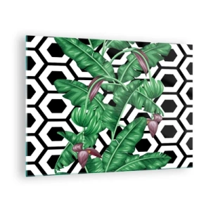 Cuadro sobre vidrio - Impresiones sobre Vidrio - Hojas y flores tropicales sobre un fondo con patrón geométrico en blanco y negro - 70x50cm - Composición simétrica de la naturaleza - Decoración de pared moderna para salón y dormitorio ARTTOR