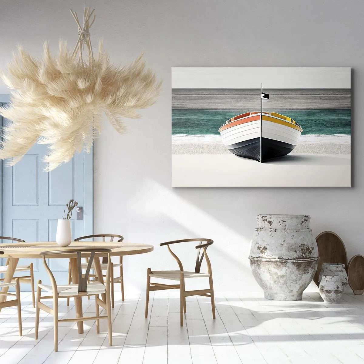 Cuadro sobre lienzo - Impresión de Imagen - Un barco en la playa con un mar turquesa al fondo. - 70x50cm - En su lugar exacto - Decoración de pared moderna para salón y dormitorio ARTTOR