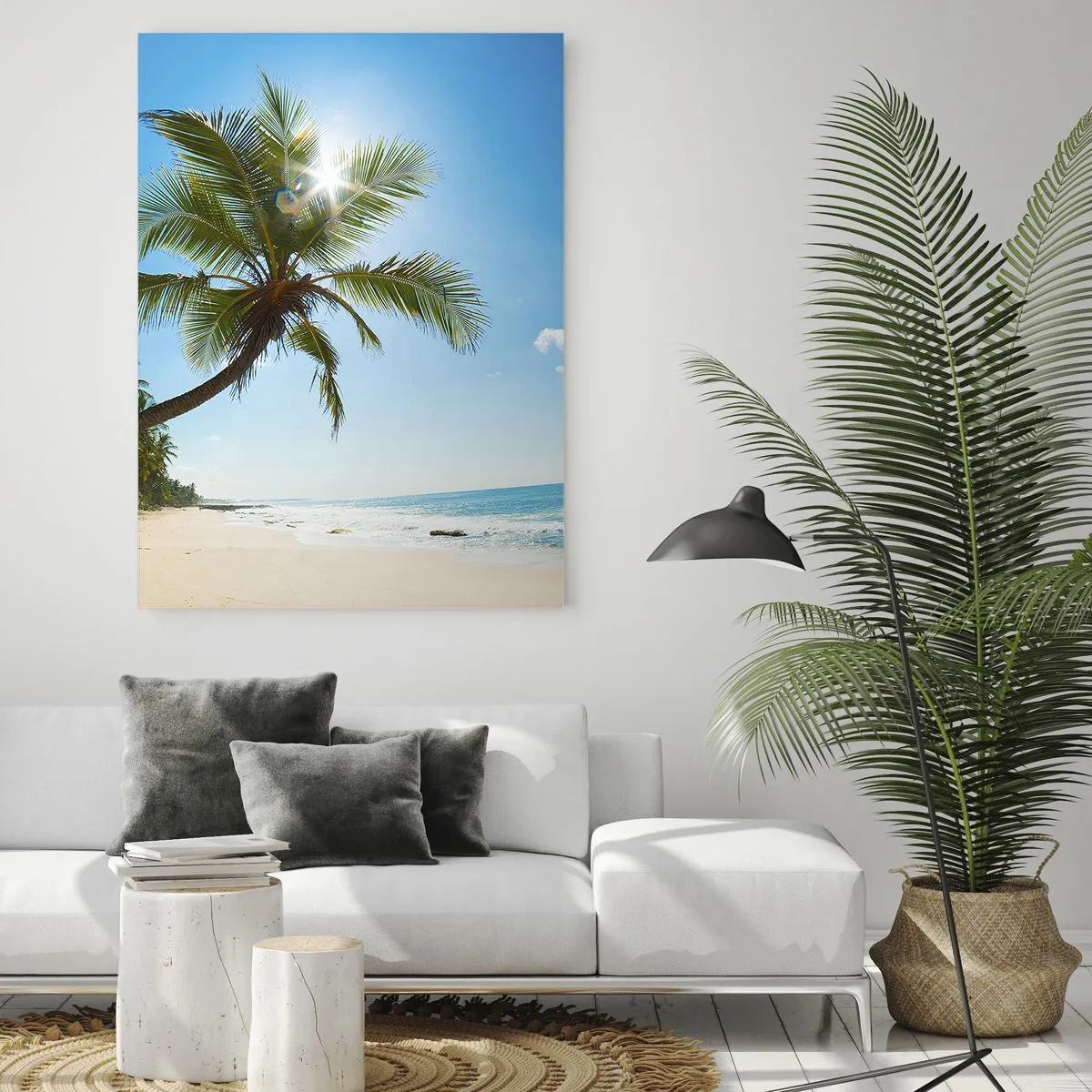 Cuadro sobre vidrio - Impresiones sobre Vidrio - Una playa con palmeras en un paisaje tropical. - 80x120cm - Mi lugar privado - Decoración de pared moderna para salón y dormitorio ARTTOR