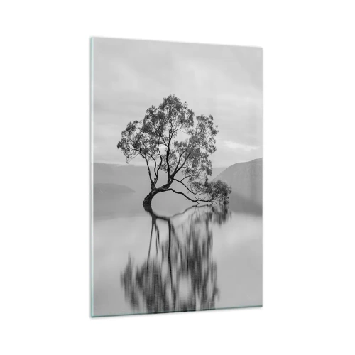 Cuadro sobre vidrio - Impresiones sobre Vidrio - Un árbol solitario reflejado en el agua con montañas al fondo. - 80x120cm - Existe tal lugar en el mundo - Decoración de pared moderna para salón y dormitorio ARTTOR