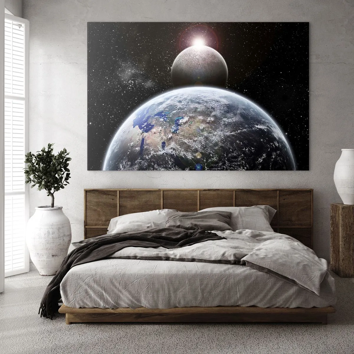 Cuadro sobre vidrio - Impresiones sobre Vidrio - La Tierra y la Luna en el espacio - 120x80cm - Paisaje cósmico - amanecer - Decoración de pared moderna para salón y dormitorio ARTTOR