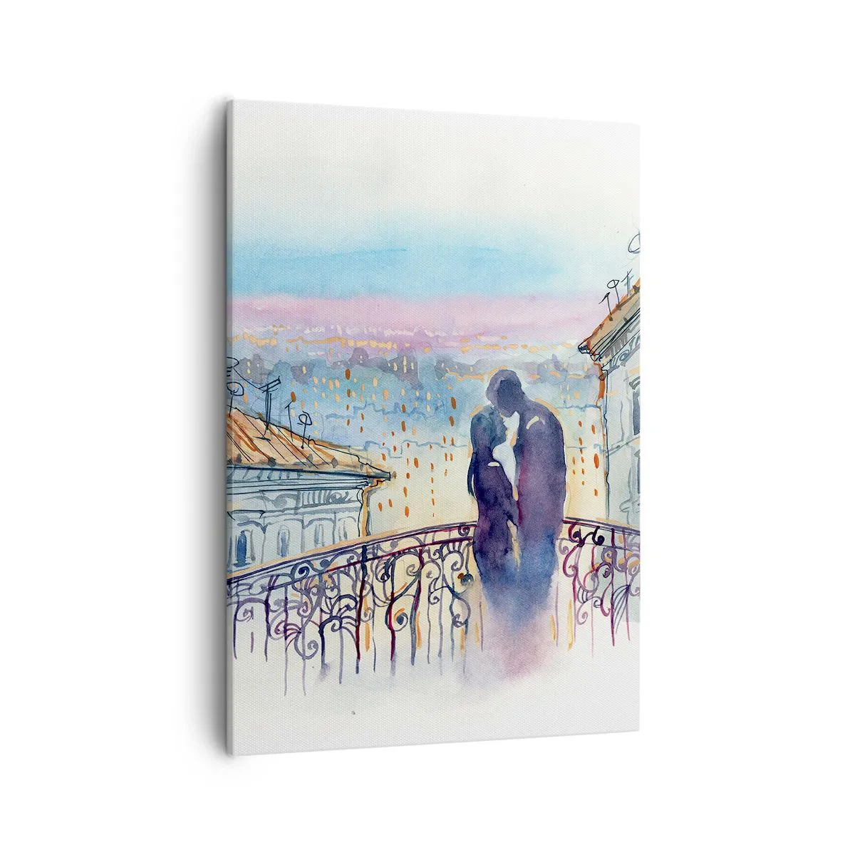 Cuadro sobre lienzo - Impresión de Imagen - Pareja romántica en un balcón con vistas a la ciudad. - 50x70cm - Los amantes de París - Decoración de pared moderna para salón y dormitorio ARTTOR