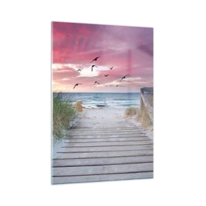Cuadro sobre vidrio - Impresiones sobre Vidrio - Camino a la playa al atardecer con pájaros volando - 50x70cm - Impresión del Báltico - Decoración de pared moderna para salón y dormitorio ARTTOR