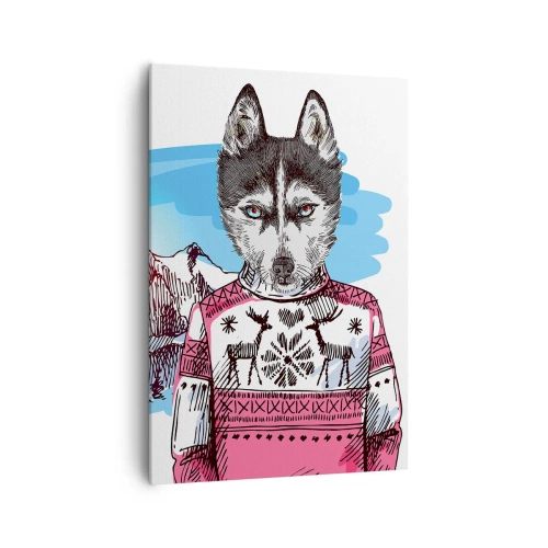 Cuadro sobre lienzo - Impresión de Imagen - Un lobo con un suéter de invierno frente a un paisaje montañoso. - 70x100cm - Un lobo con piel de cordero - Decoración de pared moderna para salón y dormitorio ARTTOR