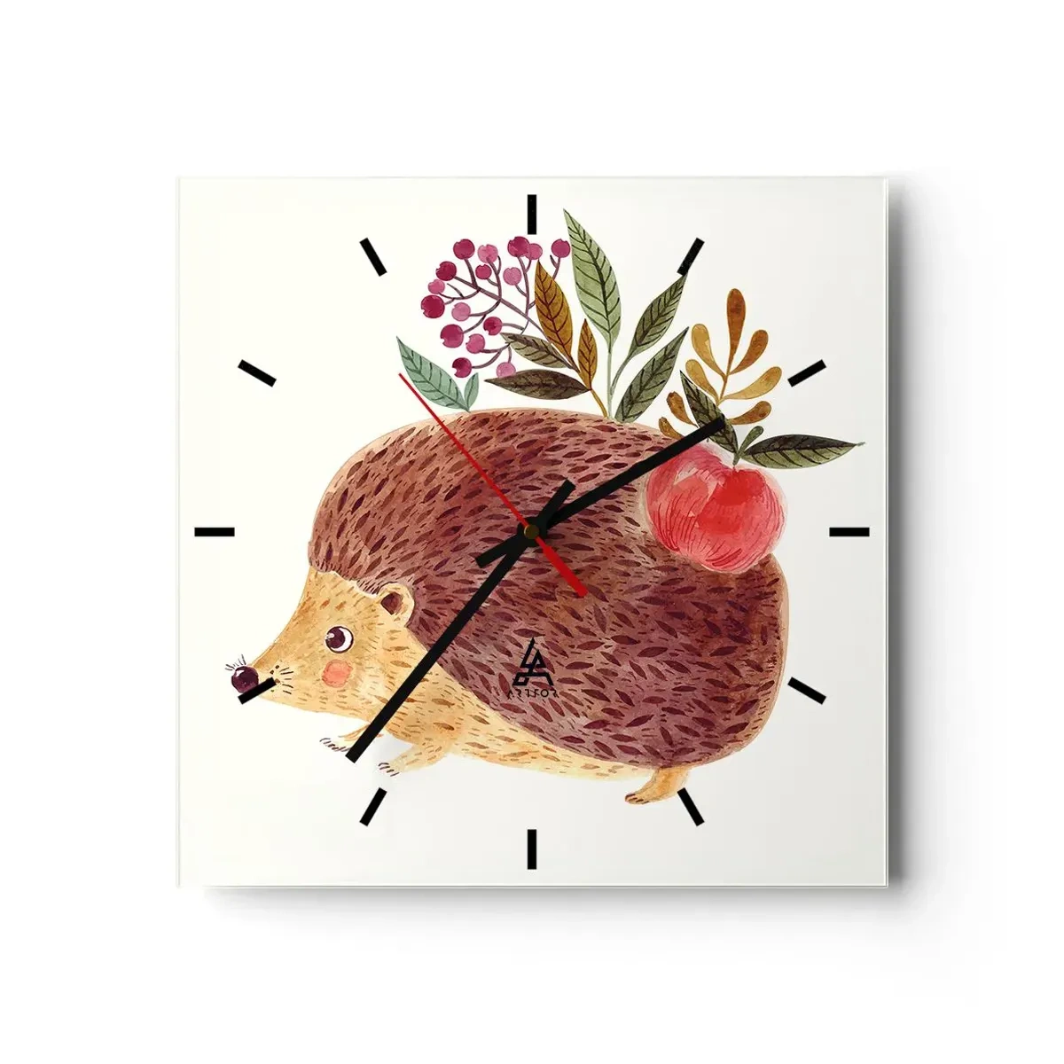 Reloj de pared - Reloj de vidrio - Un lindo erizo con una manzana y plantas en un estilo ilustrativo. - 30x30cm - Y ya te gusto - Decoración de pared moderna para salón y dormitorio ARTTOR