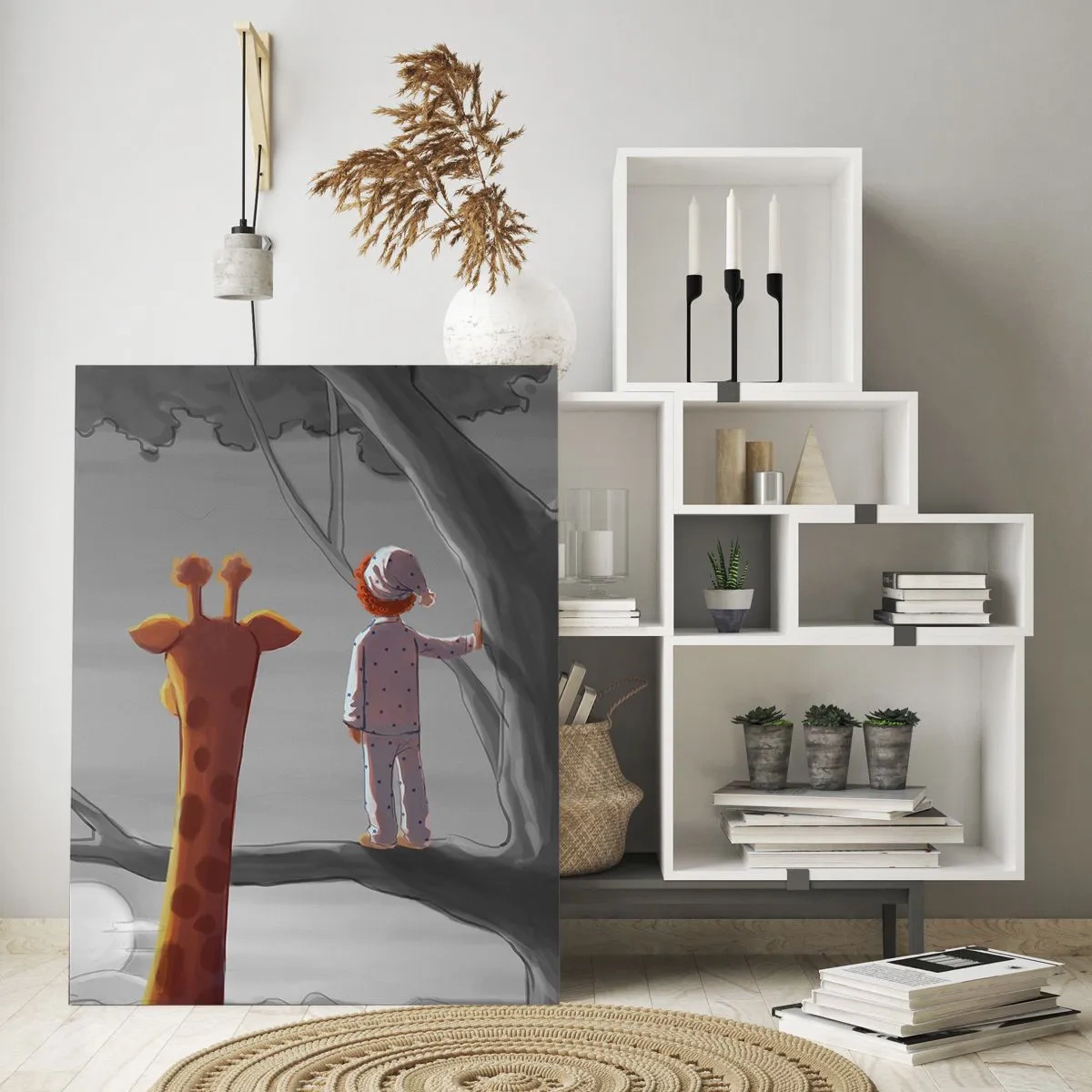 Cuadro sobre vidrio - Impresiones sobre Vidrio - Un niño y una jirafa en la rama de un árbol en un paisaje de cuento de hadas. - 70x100cm - ¿Está sucediendo de verdad? - Decoración de pared moderna para salón y dormitorio ARTTOR