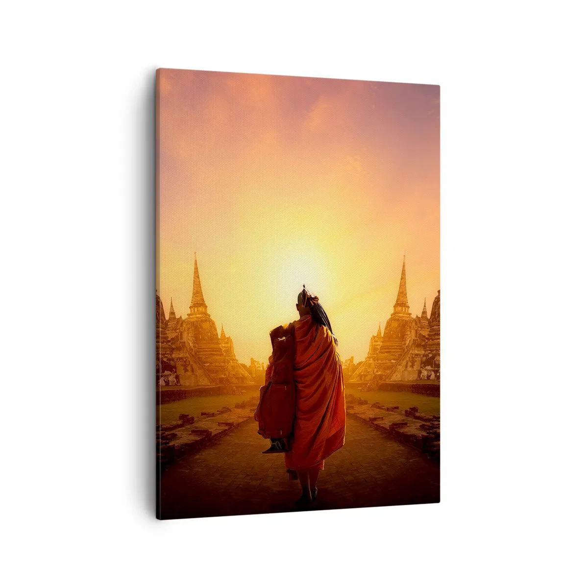 Cuadro sobre lienzo - Impresión de Imagen - Un monje entre los templos al atardecer. - 50x70cm - En paz por la eternidad - Decoración de pared moderna para salón y dormitorio ARTTOR