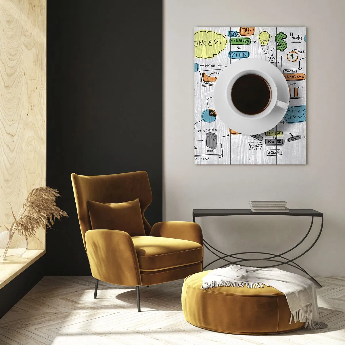 Cuadro sobre vidrio - Impresiones sobre Vidrio - Una taza de café sobre el fondo de un dibujo conceptual. - 70x100cm - Tiempo de descanso - Decoración de pared moderna para salón y dormitorio ARTTOR