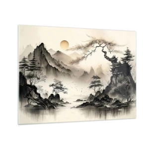 Cuadro sobre vidrio - Impresiones sobre Vidrio - Paisaje montañoso oriental con pagoda y árboles. - 70x50cm - El encanto único de Oriente - Decoración de pared moderna para salón y dormitorio ARTTOR