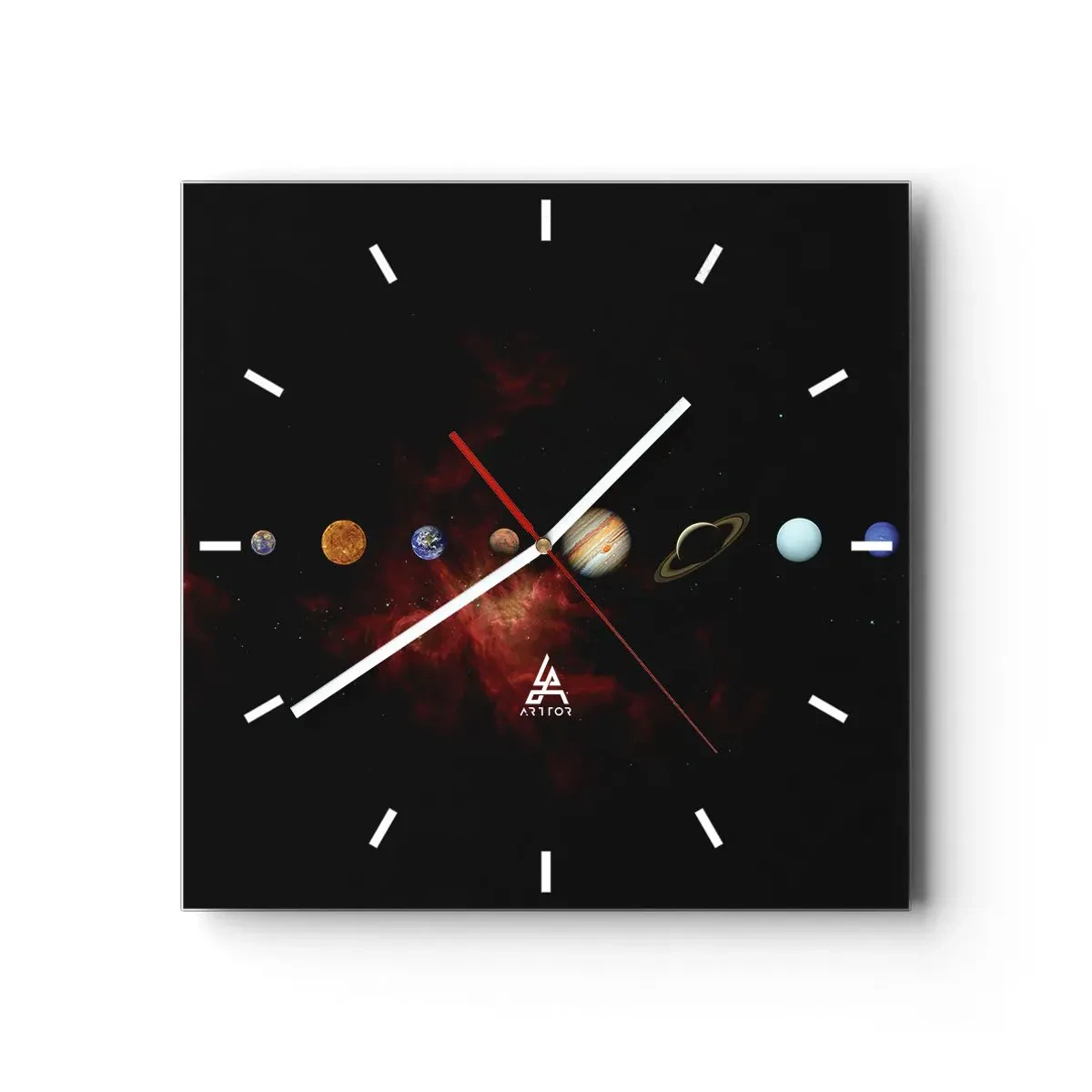 Reloj de pared - Reloj de vidrio - El sistema solar con planetas sobre el fondo del espacio. - 30x30cm - Nuestro barrio - Decoración de pared moderna para salón y dormitorio ARTTOR