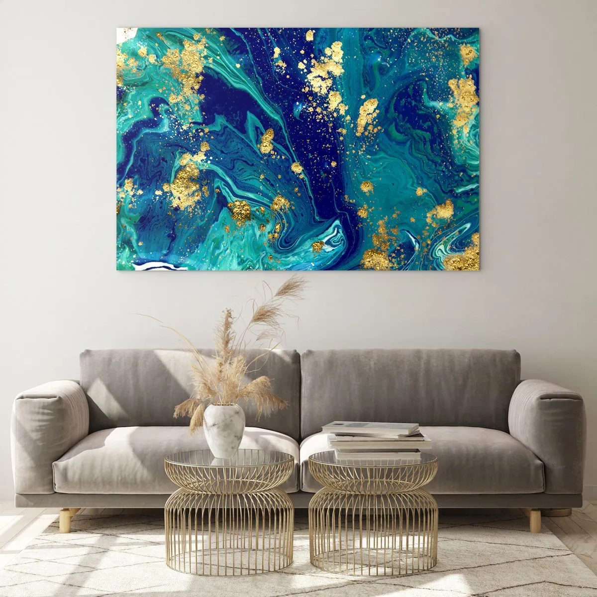 Cuadro sobre vidrio - Impresiones sobre Vidrio - Un patrón abstracto en tonos turquesa y azul marino con acentos dorados. - 70x50cm - Pétalos de sol - Decoración de pared moderna para salón y dormitorio ARTTOR