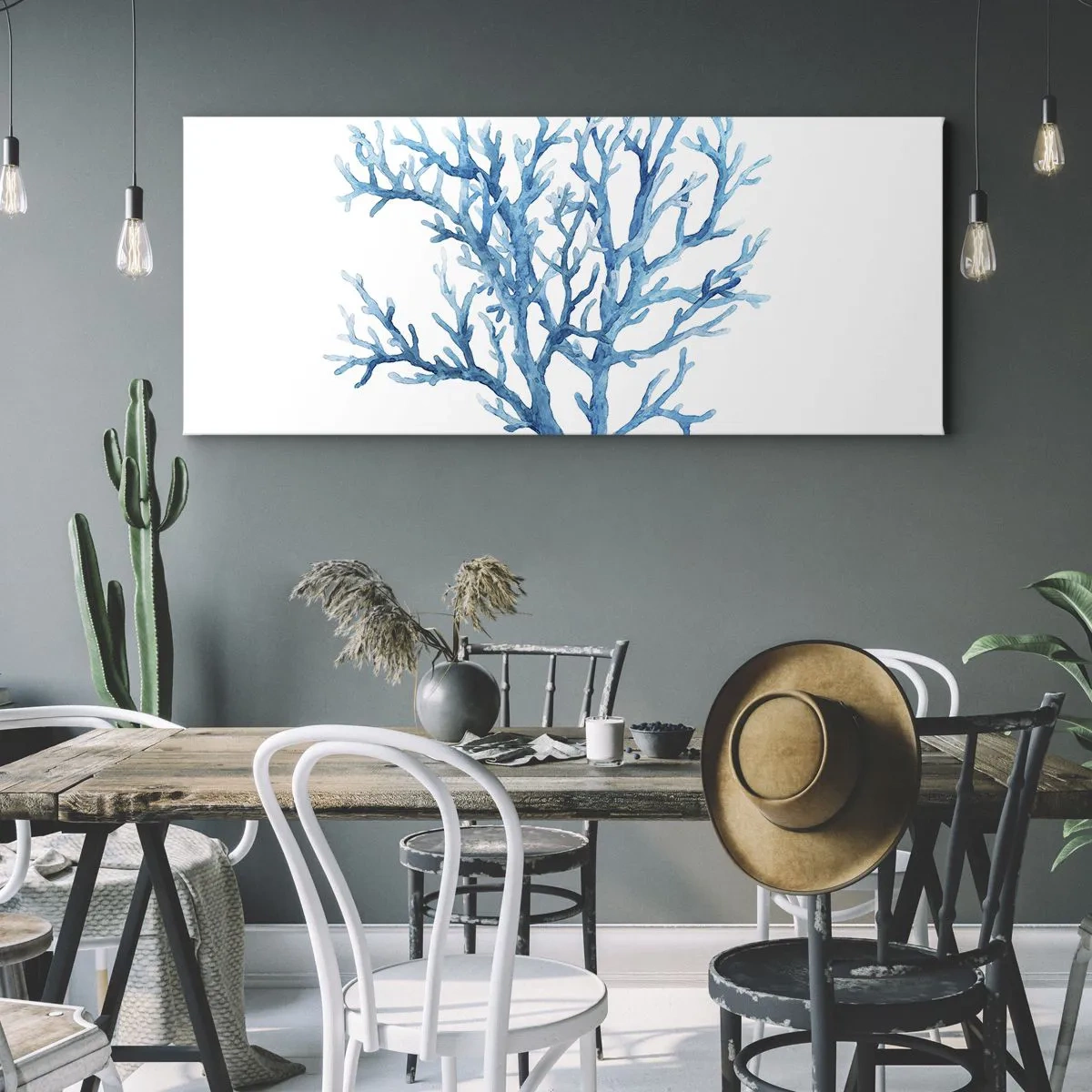 Cuadro sobre lienzo - Impresión de Imagen - Coral azul sobre fondo blanco con un toque minimalista. - 160x50cm - Filigrana marina - Decoración de pared moderna para salón y dormitorio ARTTOR
