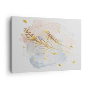 Cuadro sobre lienzo - Impresión de Imagen - Un delicado motivo de hojas doradas sobre un fondo pastel con detalles de acuarela. - 70x50cm - Ráfaga dorada - Decoración de pared moderna para salón y dormitorio ARTTOR