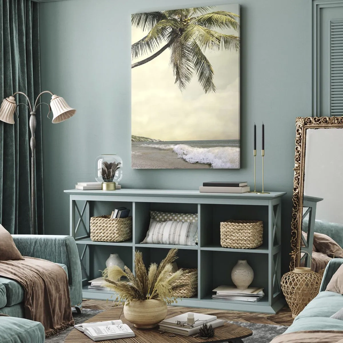Cuadro sobre lienzo - Impresión de Imagen - Una playa con palmeras con el mar en calma como telón de fondo. - 70x100cm - Sueño tropical - Decoración de pared moderna para salón y dormitorio ARTTOR