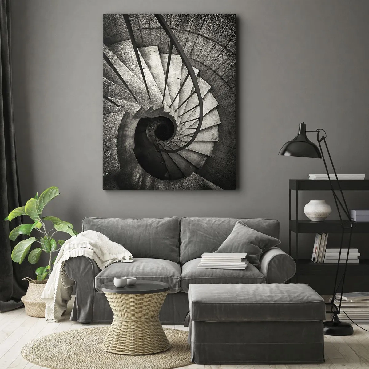 Cuadro sobre lienzo - Impresión de Imagen - Escalera de caracol en blanco y negro de estilo moderno. - 80x120cm - Escaleras arriba, escaleras abajo - Decoración de pared moderna para salón y dormitorio ARTTOR