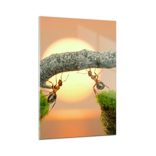 Cuadro sobre vidrio - Impresiones sobre Vidrio - Hormigas construyendo un puente al atardecer - 50x70cm - Trabajar juntos con alegría - Decoración de pared moderna para salón y dormitorio ARTTOR