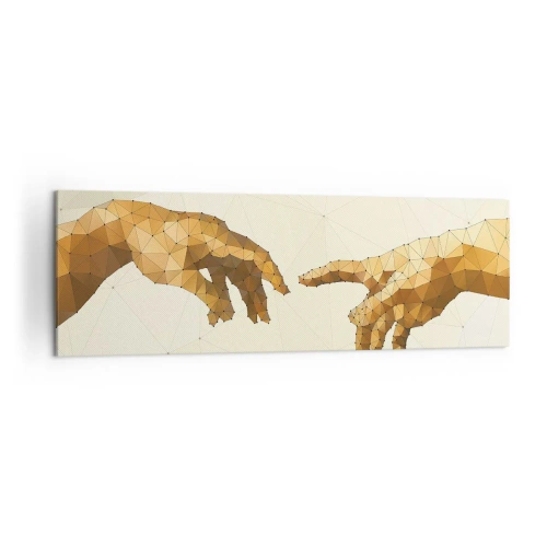 Cuadro sobre lienzo - Impresión de Imagen - Manos geométricas que se extienden una hacia la otra sobre un fondo claro. - 160x50cm - Geometría divina - Decoración de pared moderna para salón y dormitorio ARTTOR