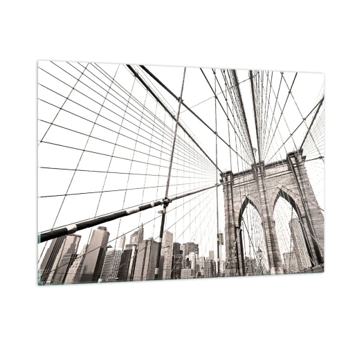 Cuadro sobre vidrio - Impresiones sobre Vidrio - Un puente colgante con un panorama de la ciudad al fondo en sepia. - 120x80cm - Catedral de Nueva York - Decoración de pared moderna para salón y dormitorio ARTTOR
