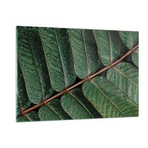 Cuadro sobre vidrio - Impresiones sobre Vidrio - Primer plano de hojas verdes con gotas de agua. - 120x80cm - En un ritmo verde - Decoración de pared moderna para salón y dormitorio ARTTOR