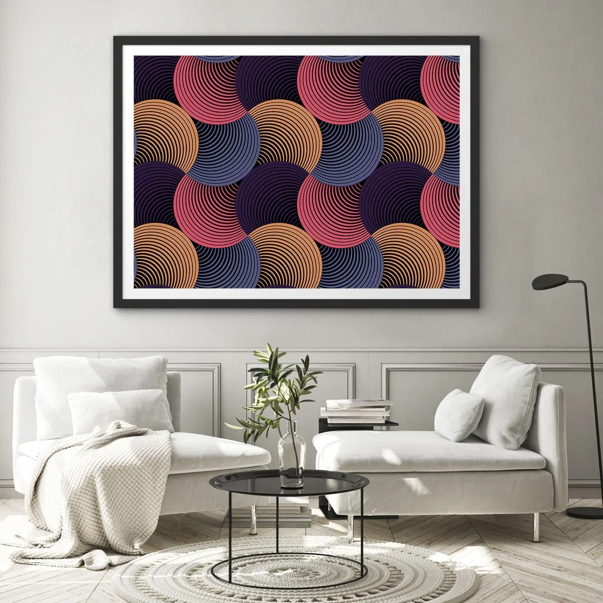 Póster en marco negro - Círculos geométricos en tonos rosa, morado y dorado. - 70x50cm - En un ritmo circular - Decoración de pared moderna para salón y dormitorio ARTTOR