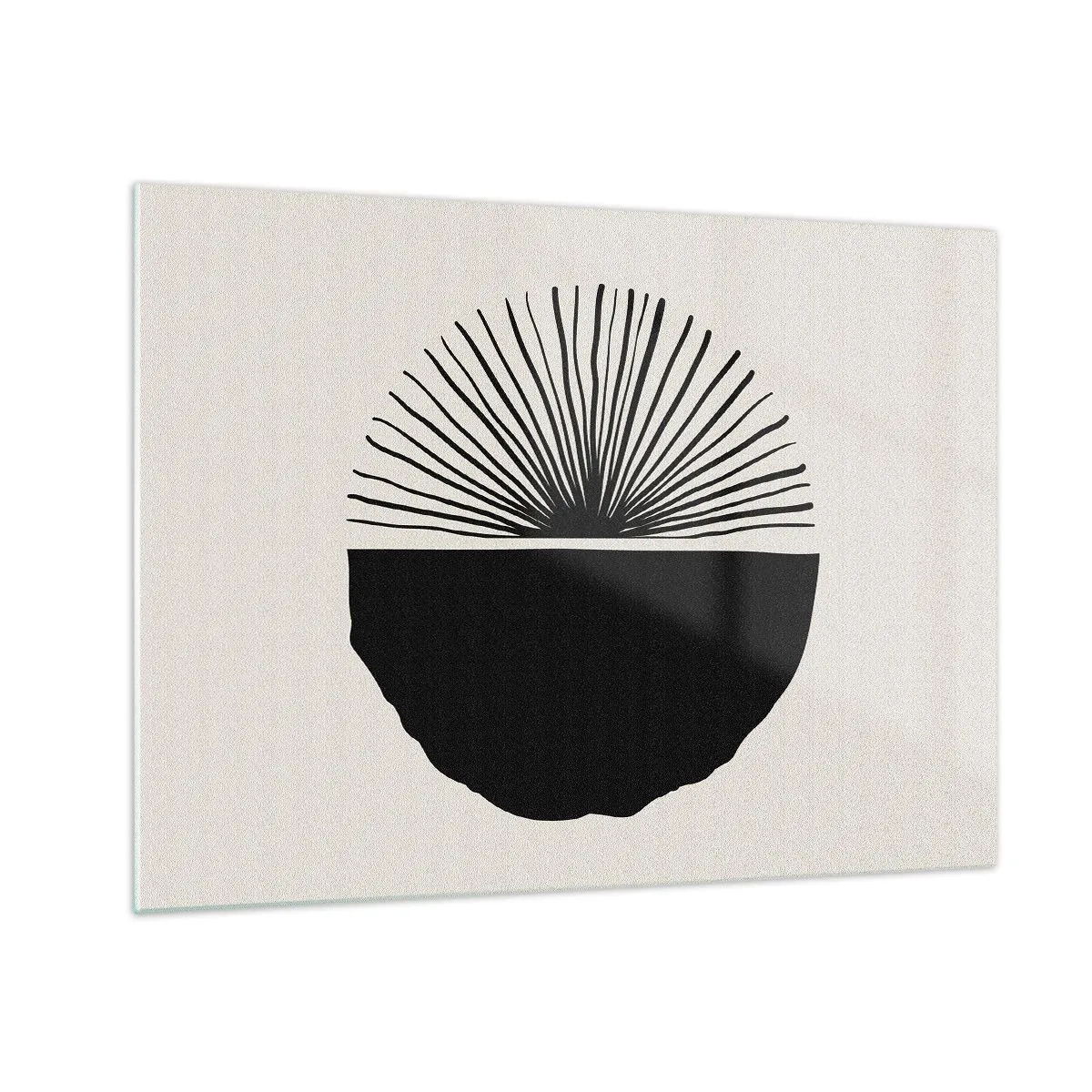Cuadro sobre vidrio - Impresiones sobre Vidrio - Una forma geométrica negra con un abanico de líneas sobre un fondo crema. - 70x50cm - Un abanico de posibilidades - Decoración de pared moderna para salón y dormitorio ARTTOR